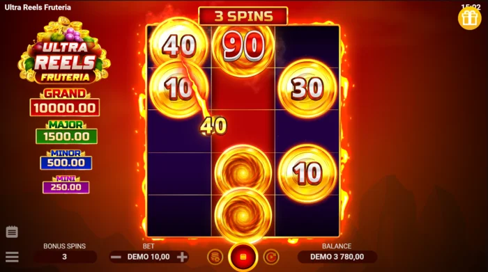 Ultra Reels Fruteria - pantalla de bonificación con tres Free Spins y recolector
